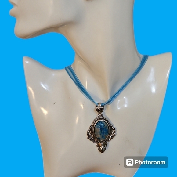Vintage Stainless Steel Chrysocolla Victorian Colonial Style Pendant Necklace - Picture 1 of 5
